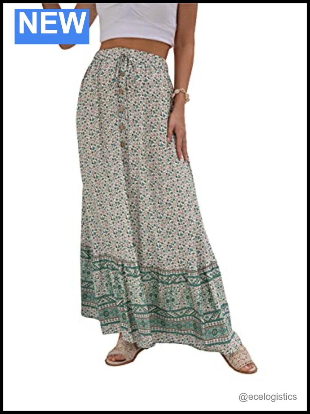 Boho Floral Maxi Skirt 100% Rayon A-Line High Waist Split Women's